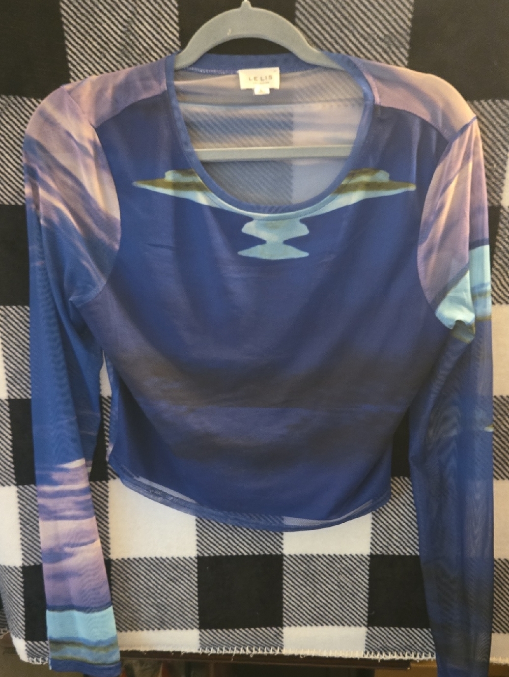 Le Lis Blue & Purple Abstract Mesh Long-Sleeve Crop Top